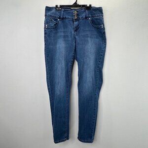 YMI Wanna Betta Butt Jeans Mid Rise 14 Blue Denim Stretch Pockets Wide Waistband